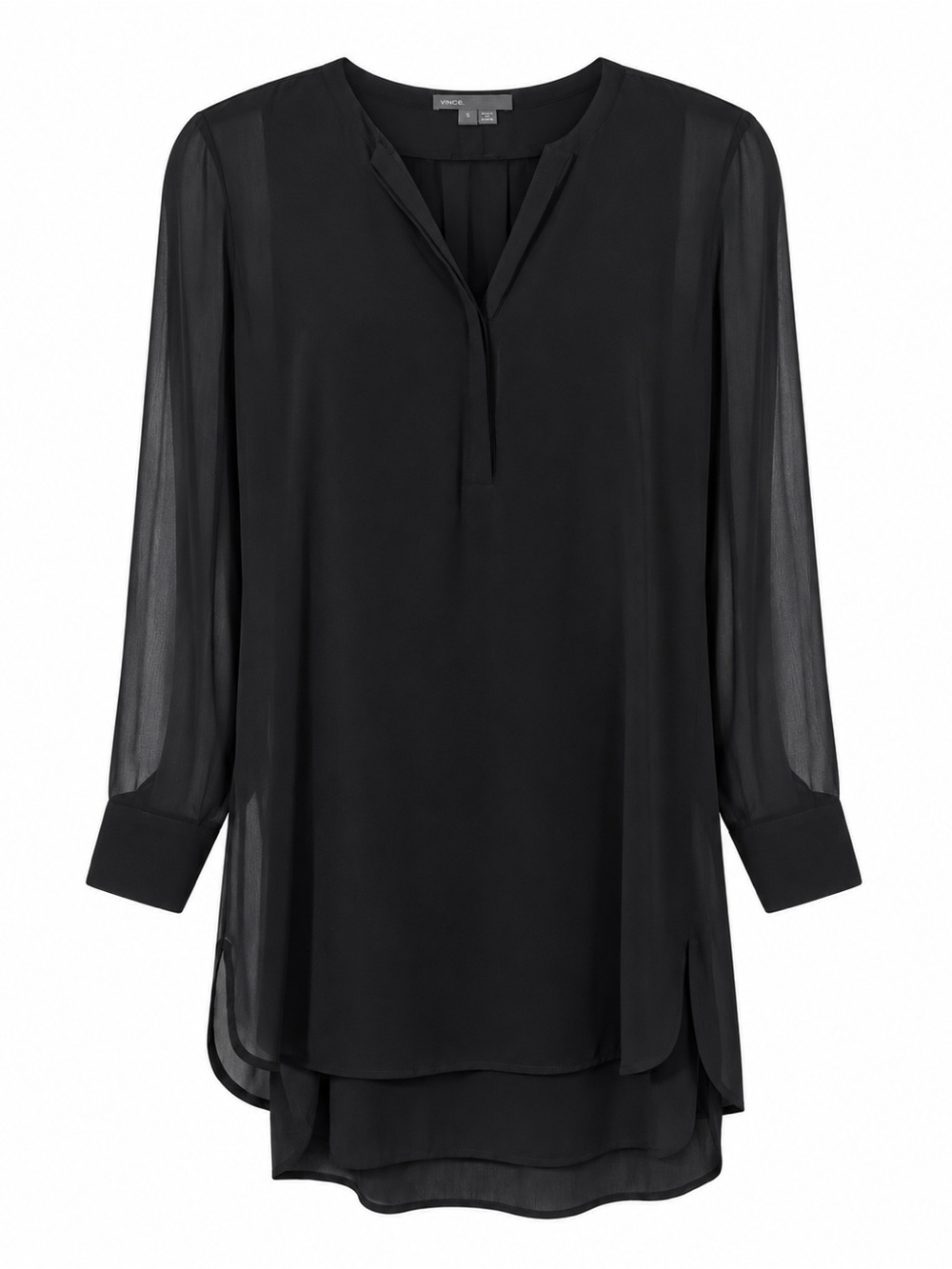 VINCE 100% Silk Black Sheer Sleeve Layered Tunic dress size 0